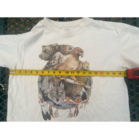 Vintage 90s Anvil single stitch white Native American Tribal Wolves tshirt L - Picture 5 of 10